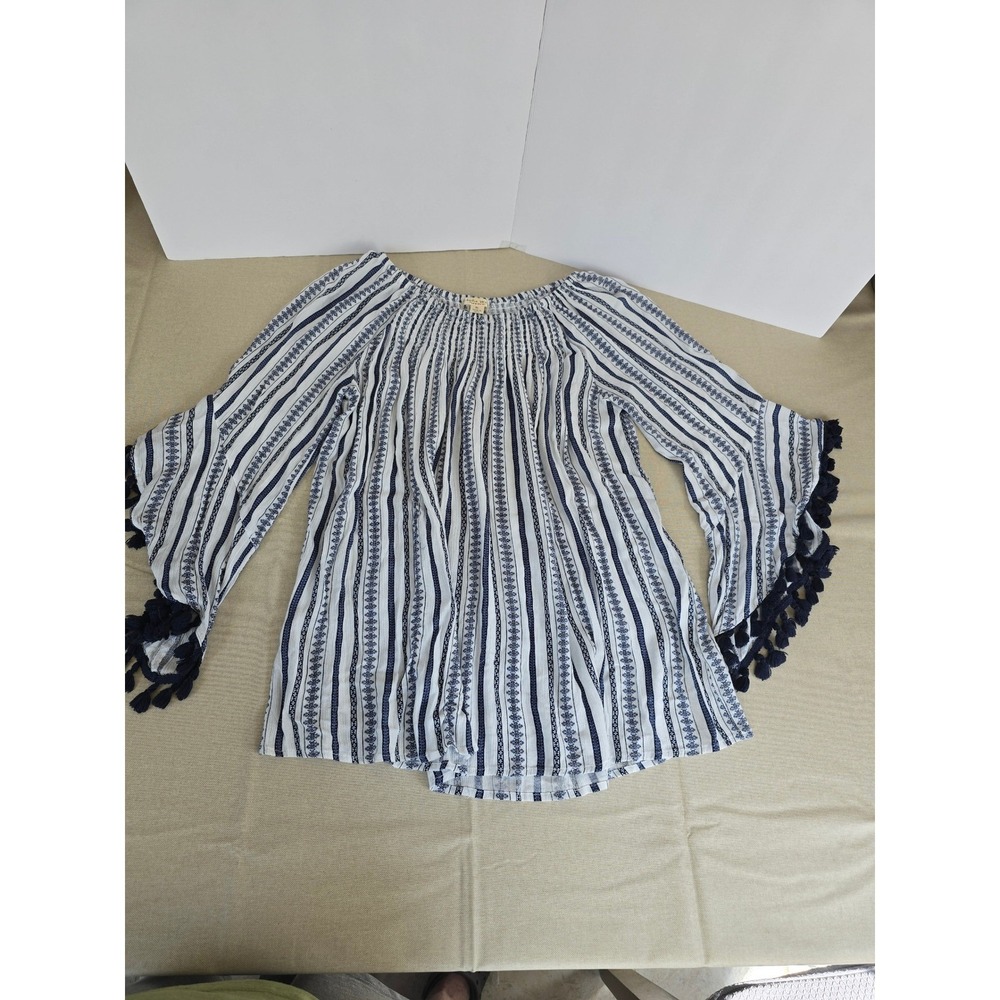 Studio West Navy White Striped Tassel Bell Sleeve Smocked Peasant Top XL